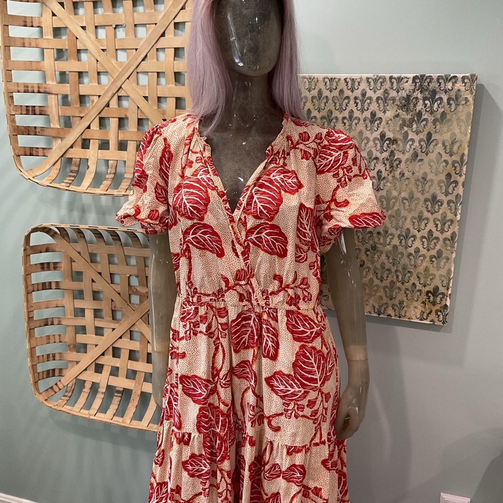 Fat Face Red and Cream Leaf Print Midi Dress